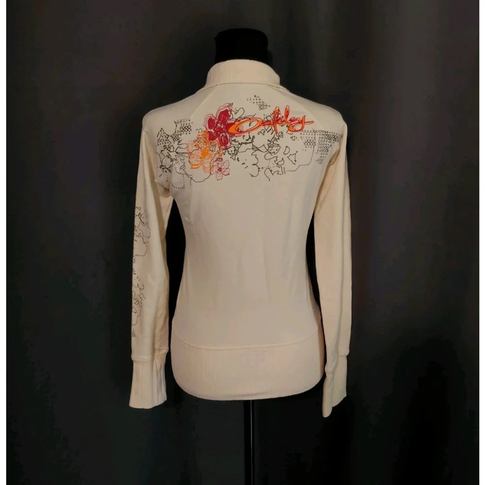 Oakley Woman’s Vintage Zip Up Size XS Cream Orange Tropical Floral Embroidery